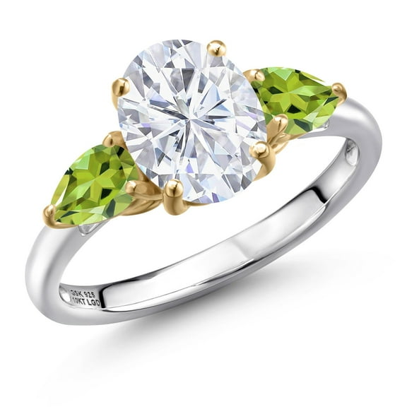 Gem Stone King 925 Silver and 10K Yellow Gold White Moissanite and Green Peridot Engagement Ring for Women | 2.93 Cttw | Oval 9X7MM | Gemstone Birthstone | Size 7