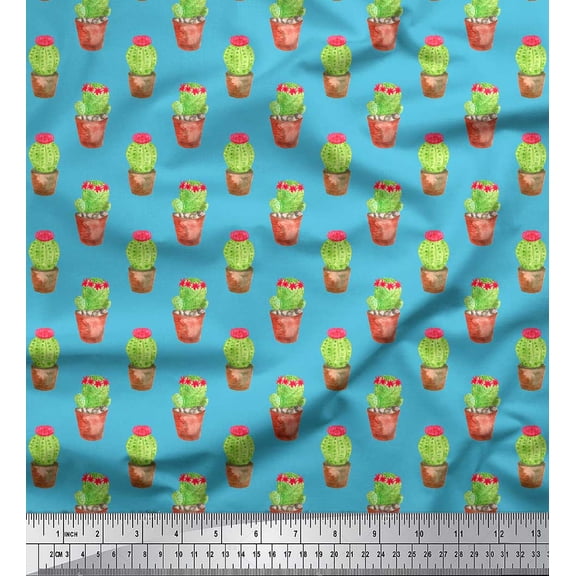 Soimoi Blue Cotton Voile Fabric Cactus With Conical Pot Tree Print Fabric by Yard 42 Inch Wide