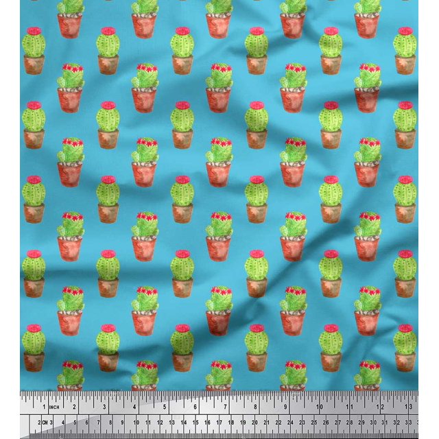 Soimoi Blue polyester Crepe Fabric Cactus With Conical Pot Tree Decor Fabric Printed Yard 42 Inch Wide