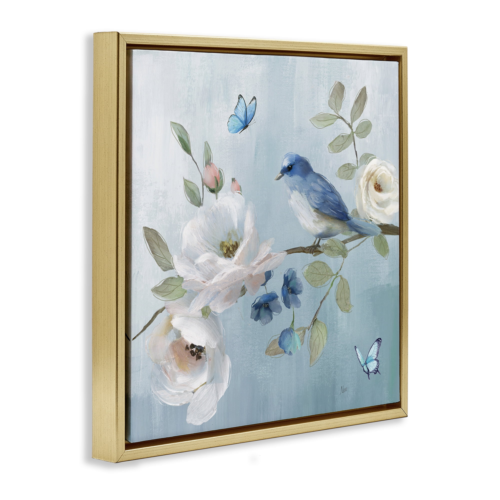 Stupell Industries Pastel Blue Bird Blooms Gold Framed Floater Canvas Wall Art, design by Nan