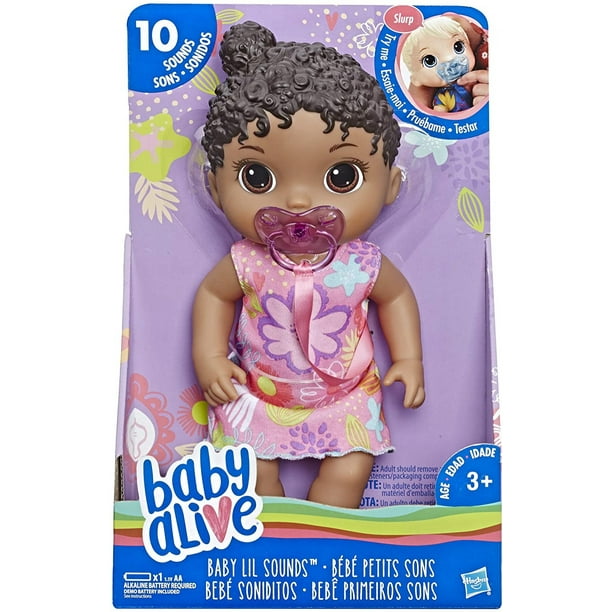 Baby Alive Baby Lil Sounds: Muñeca interactiva de cabello negro para niñas  y niños de añ Baby Alive Baby Alive