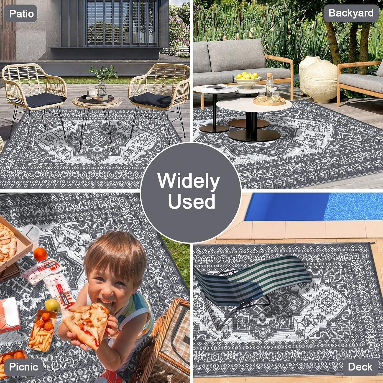 Riedhoff Outdoor Rug 12' X 9', Reversible, Foldable, Gray & White Patterned