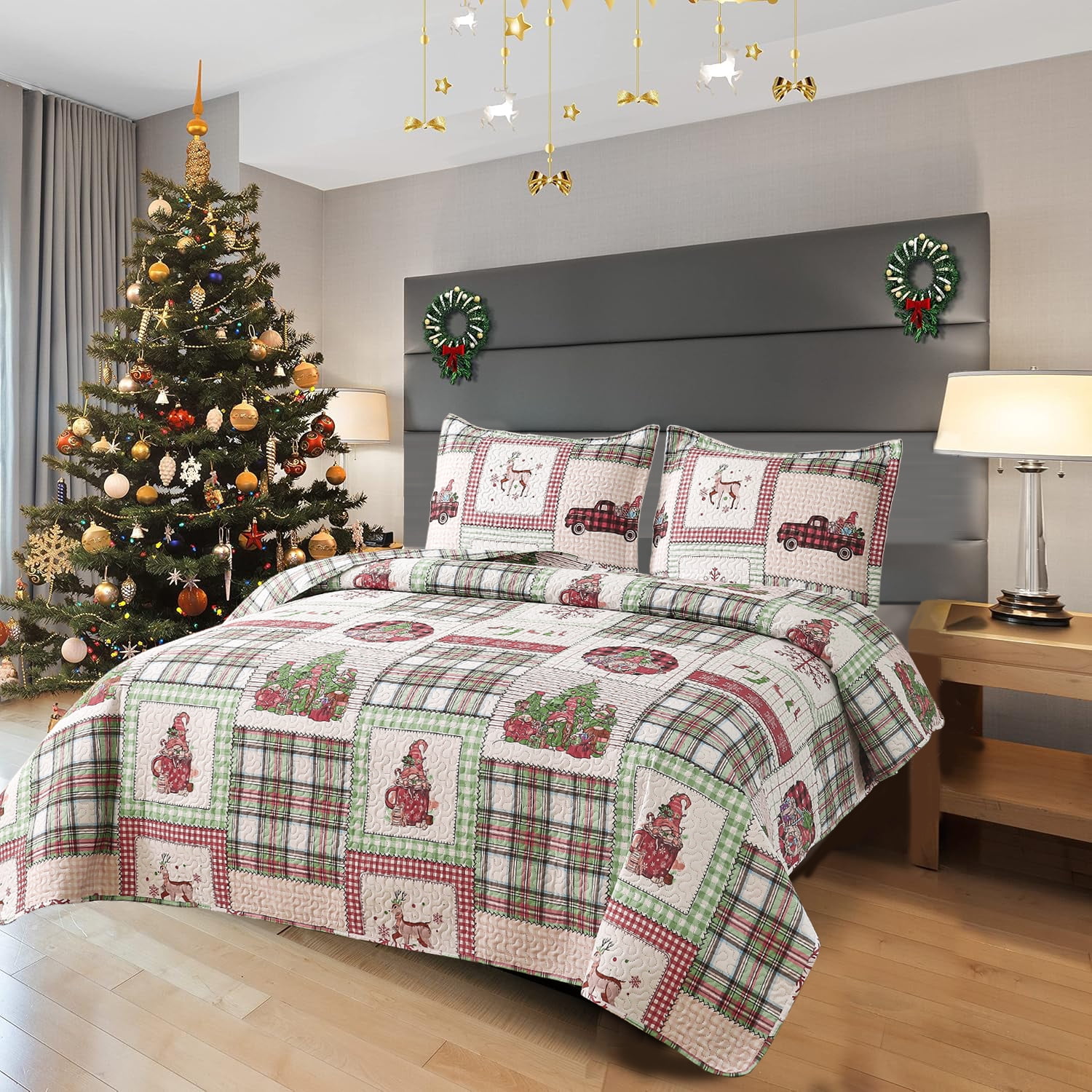Green Essen Christmas Quilts King Christmas Tree Bedspread Lightweight Snowlake Coverlet Festive Bedding Plaid Home Decor