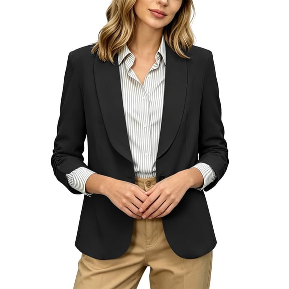 hoksml Women's Ruched 3/4 Sleeve Blazer, Shawl Lapel One-Button Open Front Jacket, Casual Work Office Blazer