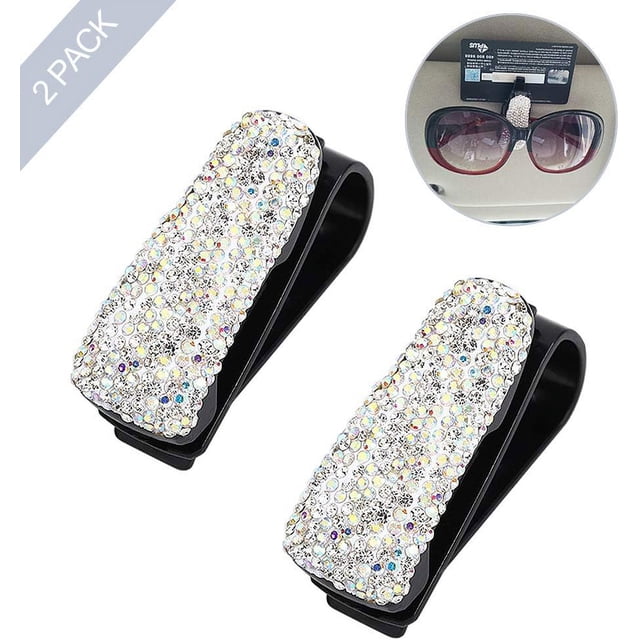 Soporte para gafas de sol para visera de coche, paquete de 2, soporte para gafas con clip para colgar, soporte para gafas para coche con cristales brillantes y clip para tarjetas y billetes