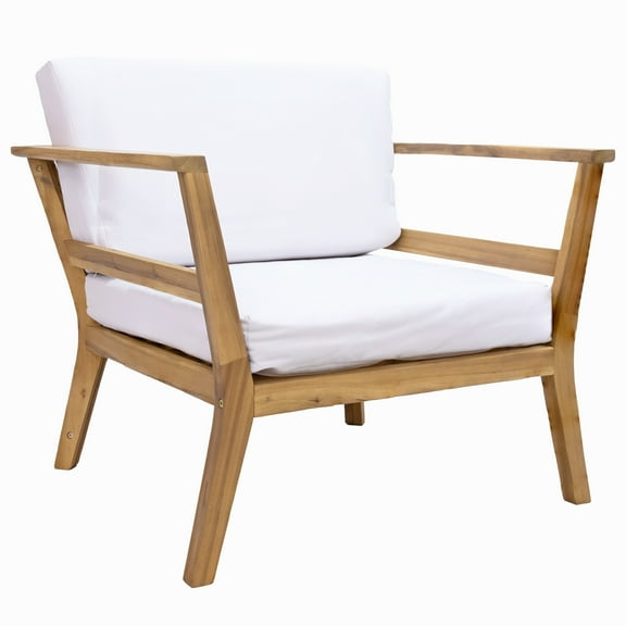 Sunnydaze Bodie Acacia Outdoor Lounge Armchair with Bone White Cushions - Natural Oil Finish
