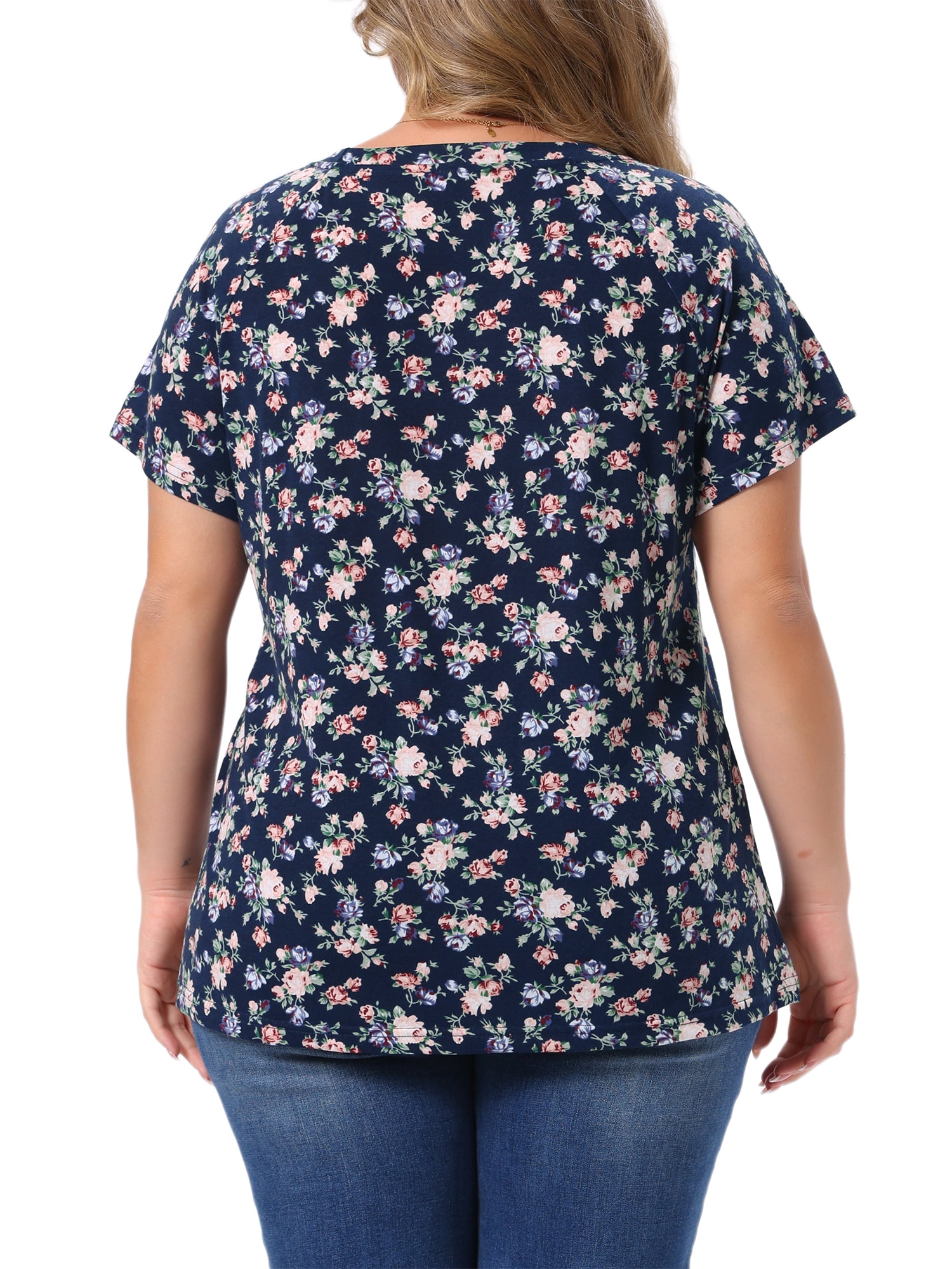 DARING DIVA Women's Plus Summer Casual Floral Top Blouse Round Neck Tee 3X Navy Blue