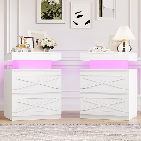 Homfa Set of 2 Bedroom Nightstands with LED Lights & Charging Station, Modern End Side Table with 2 Drawers & Floating Top for Living Room, White