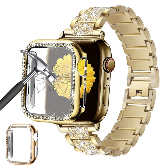 Antank Compatible for Apple Watch Series 7 45mm Band with Screen Protector Case Jewellery Replacement Metal Strap & 2-Pack Bling Full Cover Protective Case