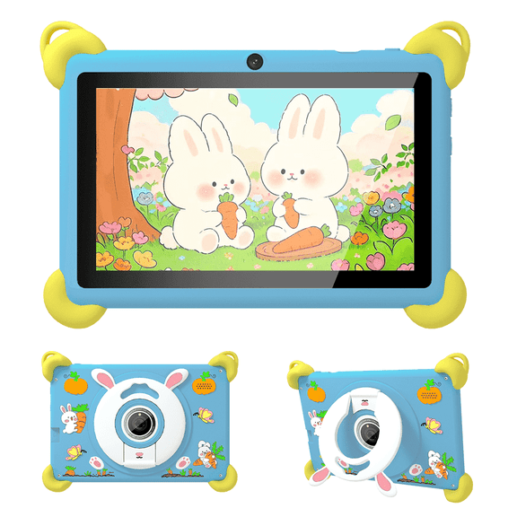 Veidoo 7-inch Android Kids Tablet, 2 32GB, Dual Cameras, Shockproof Case, Rabbit Stand Integrated Design, Detachable Shoulder Strap,Quad-Core Processor, iwawaAPP, Parental Control(Blue)