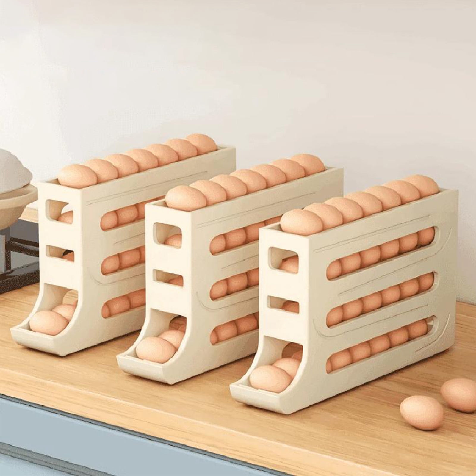 Lunxisen 3 Pcs Egg Storage Container Automatic Rolling Dispenser Fridge Organizer Space Saving Kitchen Refrigerator Door Storage Solution