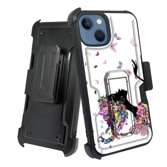 ANJ  Rugged Shockproof Holster Case w/Card Slot, Kickstand   Tempered Glass for iPhone 13 (6.1") - Butterfly Fairy
