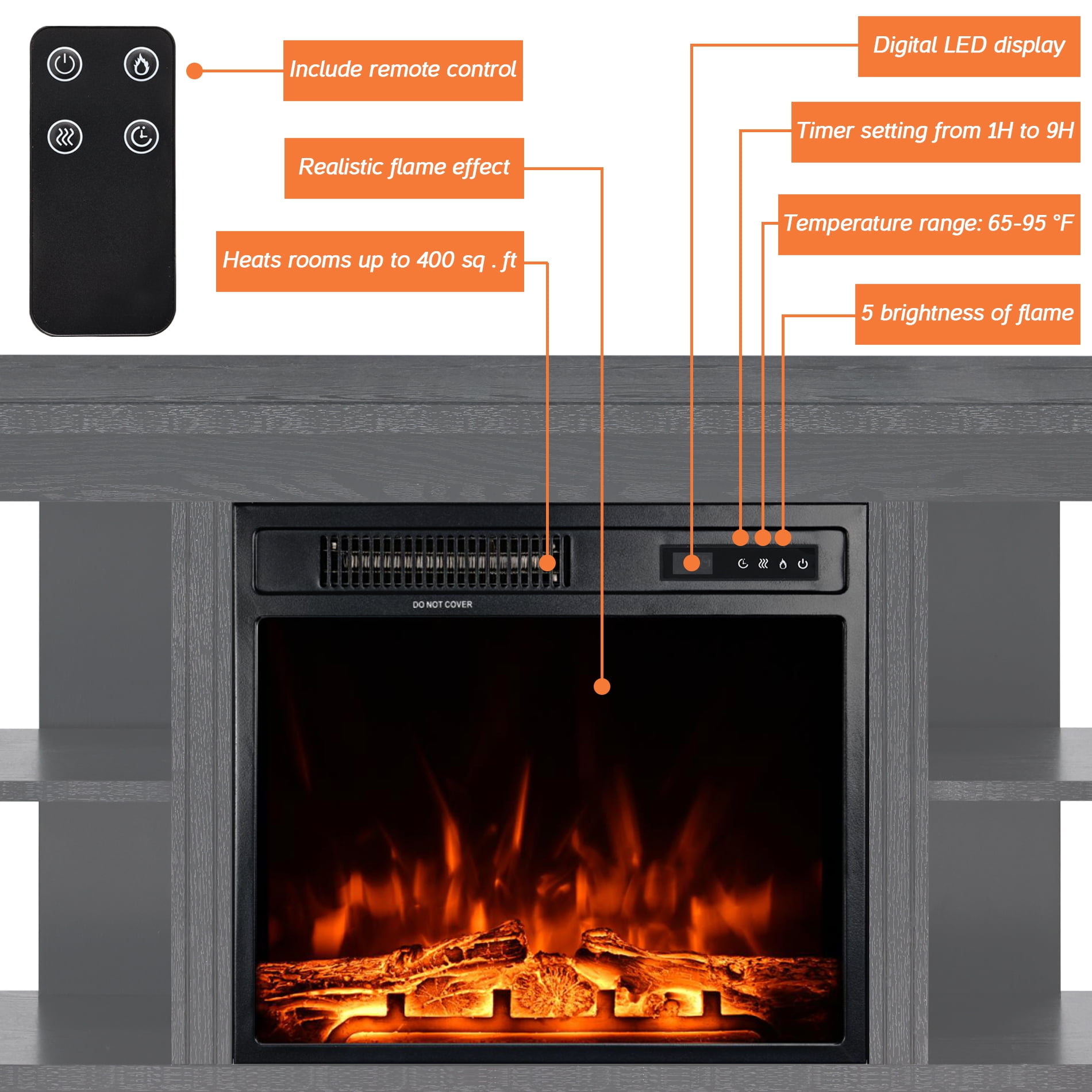 Farmhouse Fireplace TV Stand, Entertainment Center with Electric Fireplace, 70 inch, Black