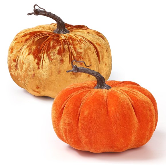 Coferset - Juego de 2 calabazas de terciopelo grandes, decoración artificial de calabaza de otoño para Halloween, Acción de Gracias, cosecha, centros de mesa (naranja
