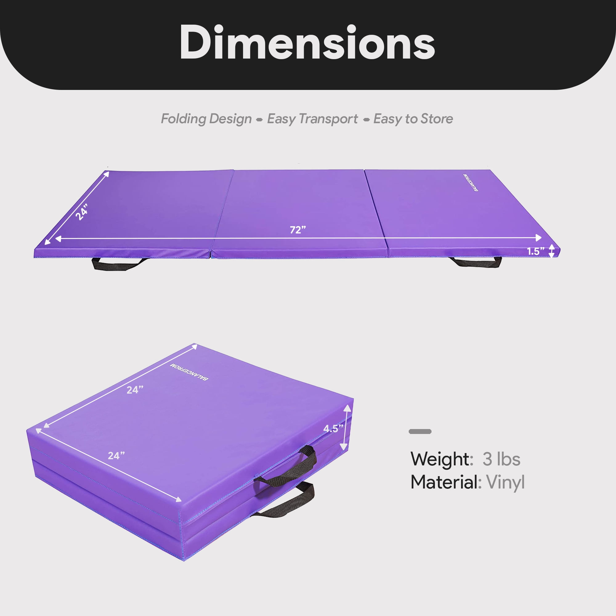 BalanceFrom 6 Ft. x 2 Ft. x 1.5 In. Three Fold Folding Exercise Mat with Carrying Handles for MMA, Gymnastics and Home Gym, Purple