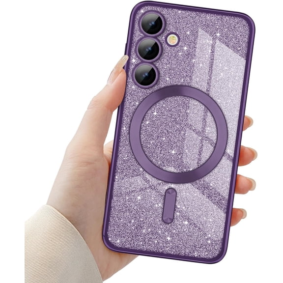 for Samsung Galaxy S24 5G Magnetic Case, Luxury Sparkle Glitter Case Cover Soft TPU Full Camera Lens Protection Bling Case Anti-Scratch Shockproof Phone Case for Samsung Galaxy S24-Purple