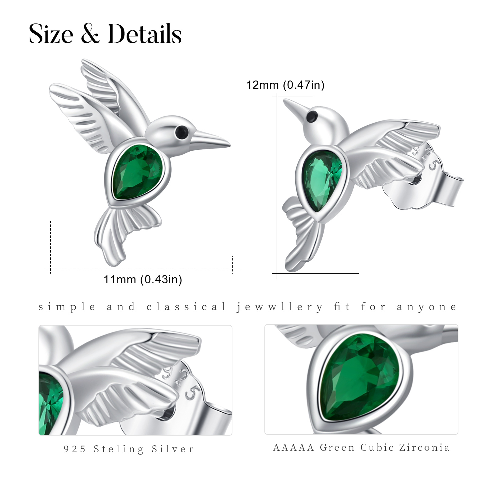 Cuoka Hummingbird Stud Earrings 925 Sterling Silver Cute Earrings Green Cubic Zirconia Jewelry for Women Mom Wife Birthday Valentine's Day Gift for Sensitive Ears