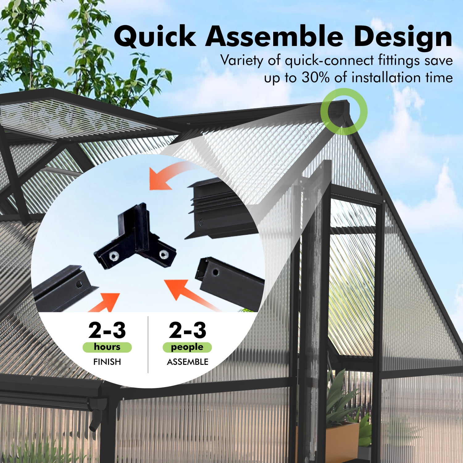 Sylviera 8x10ft Walk-in Greenhouse with Thermometer, Polycarbonate Panels, Reinforced Aluminum Frame, Large Backyard Green House with Roof Vents & Rain Gutter