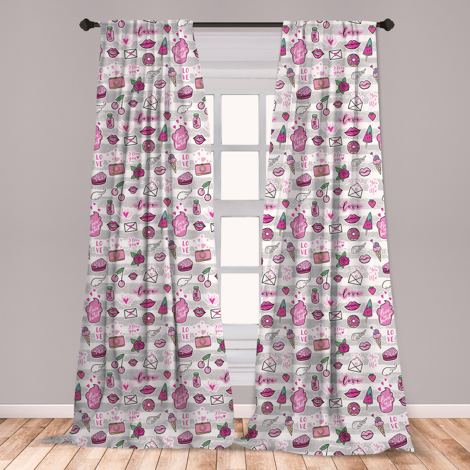 Emoji Curtains 2 Panels Set, Memphis Style Doodle Lip Star Strawberry