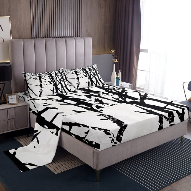 Tree Branch Bed Sheets Set Twin Abstract Ink Sheet Set Abstract Plant Art Work Botanical Sheets For Adults Men Japanese Modern Geometric Simple Black White Top Sheet