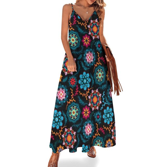 Patrón inspirado en Suzani en vestido negro sin mangas, ropa para mujer, vestido elegante