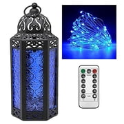 Moroccan Metal Candle Lantern Holder with LED Fairy String Lights, Medium, White Gold