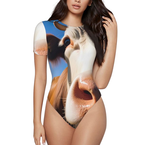 Balery Blue Sky Meadow Cute Cow Body de cuello redondo de manga corta para mujer Tops de manga corta Tops básicos-X-Large