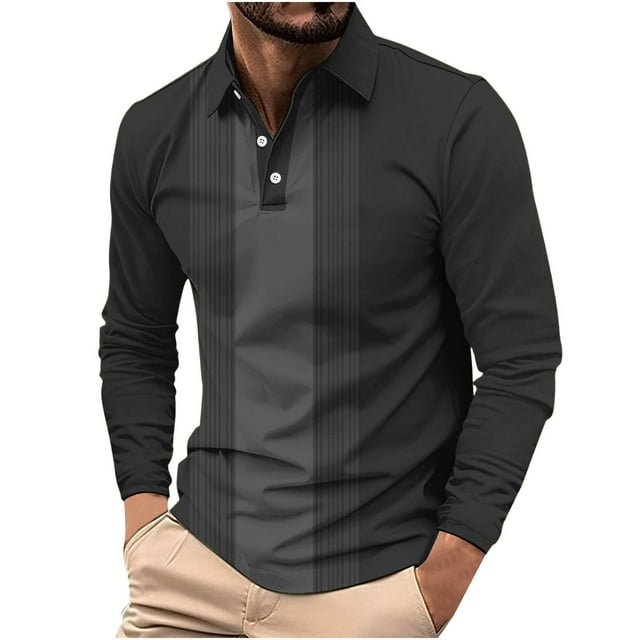 zfhfof Men's Casual Polo Shirts Classic Button Basic Long Sleeve Shirt Color Block Collared Tees Fall Fashion Golf Work Tops