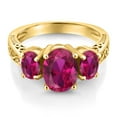 thumbnail image 3 of Gem Stone King 3.00 Ct Oval Red VS Created Ruby 18K Yellow Gold Plated Silver 3-Stone Ring, 3 of 6