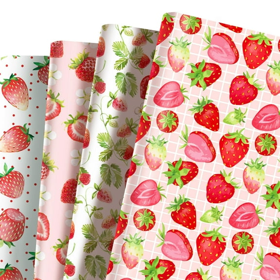 12 Sheets Strawberry Wrapping Paper, 68.58*50.8cm Strawberry Patterns Gift Wrap Paper Strawberry Patterns Wrapping Paper for Birthday Wedding Baby Shower Party Decor Gift Wrapping