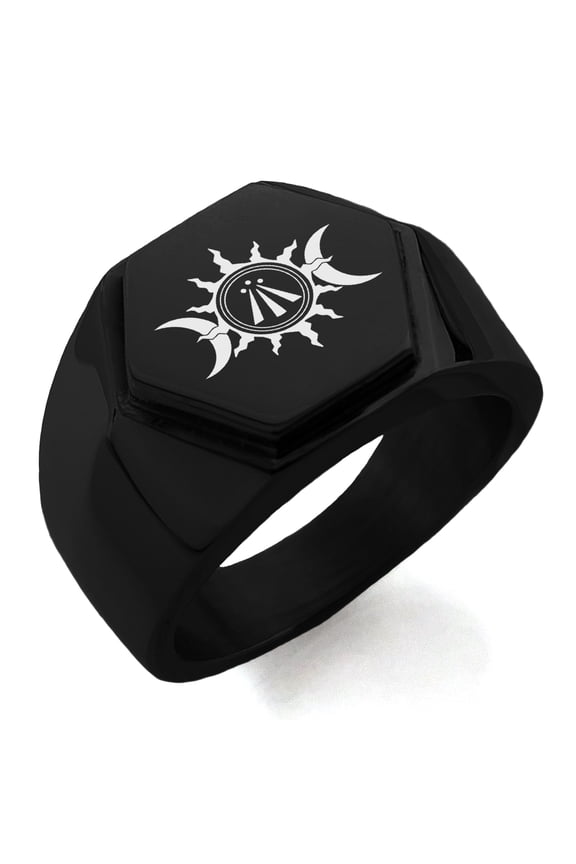 Stainless Steel Celtic Awen Arwen Sun & Moon Engraved Hexagon Crest Flat Top Biker Style Polished Ring