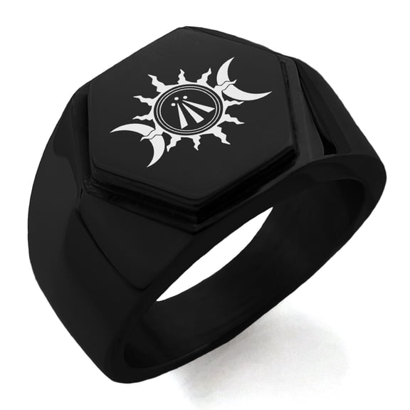 Stainless Steel Celtic Awen Arwen Sun & Moon Engraved Hexagon Crest Flat Top Biker Style Polished Ring