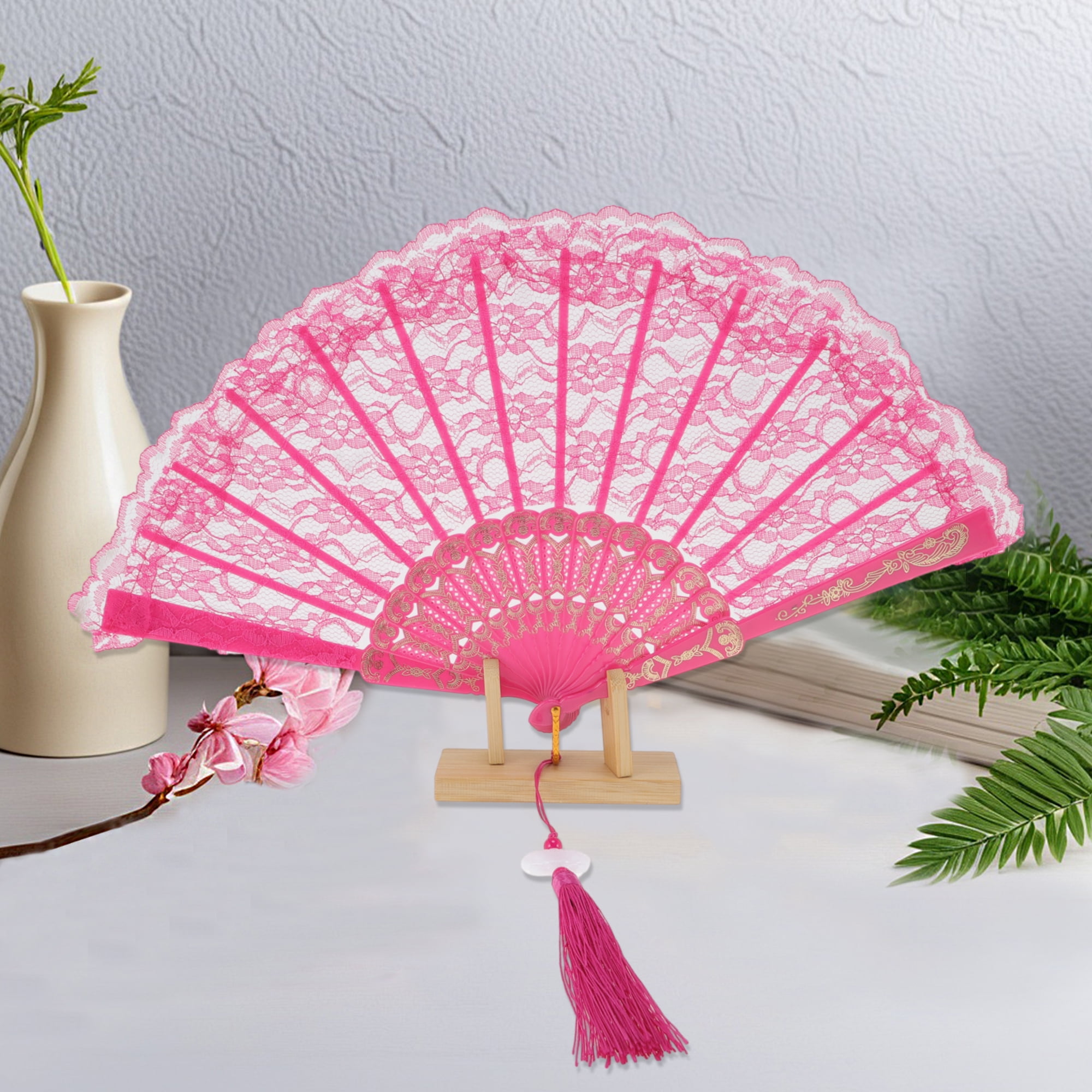 Unique Bargains Lace Trim Orchid with Tassel Folding Fan 1 Pc Rose Red