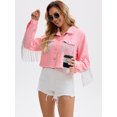 thumbnail image 3 of DARING DIVA Women's Cropped Jean Long Sleeve Frayed Tassel Fringe Denim Jacket S Pink, 3 of 7