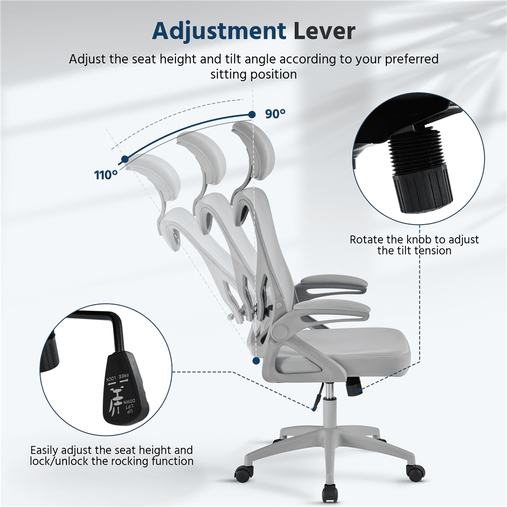 Alden Design High Back Ergonomic Mesh Office Chair with Padded Headrest, Gray