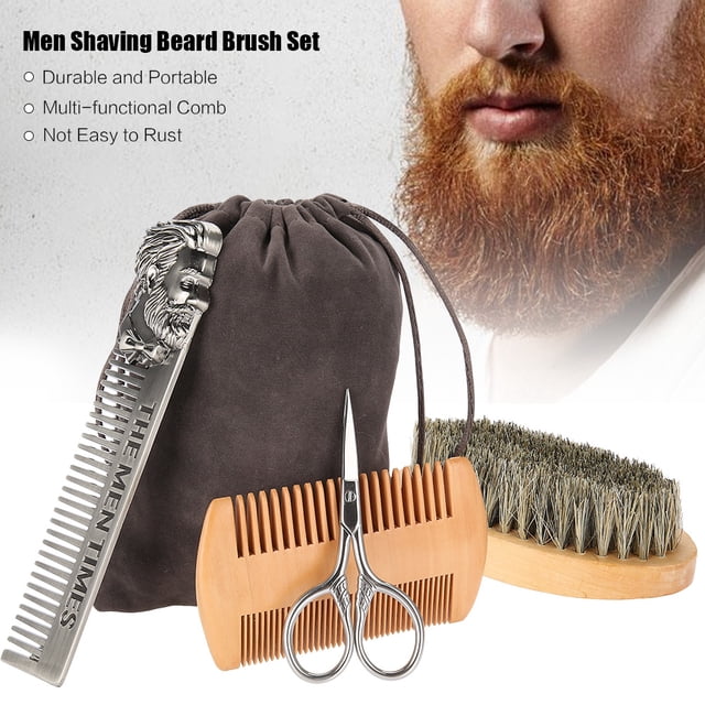 Juego De Cepillos Para Barba, Peine Y Tijera De Acero Inoxidable De aleación De Zinc Para El Cuidado De La Barba Con Jabalí, Peine De Doble Cara Para Hombres, Viajes, Uso