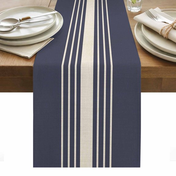 Beige Striped Table Runner - 108 Inch Long, Kitchen Dining Table Runner Dresser Scarves, Midnight Blue Geometric Simple Retro Farmhouse Decor for Coffee Tables Wedding Party Banquet
