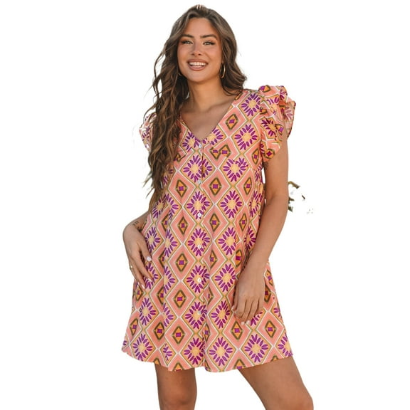 Women's Orange Geometric Floral V Neck Mini Dress with Ruffled Sleeves - [ZhiHiMeRi] | (US 12-14)L