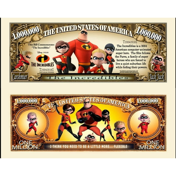 Anime Source The Incredibles Super Hero Family Cartoon Animation Parrs Commemorative Novelty Million Bill with Semi-Rigid Bill Protector