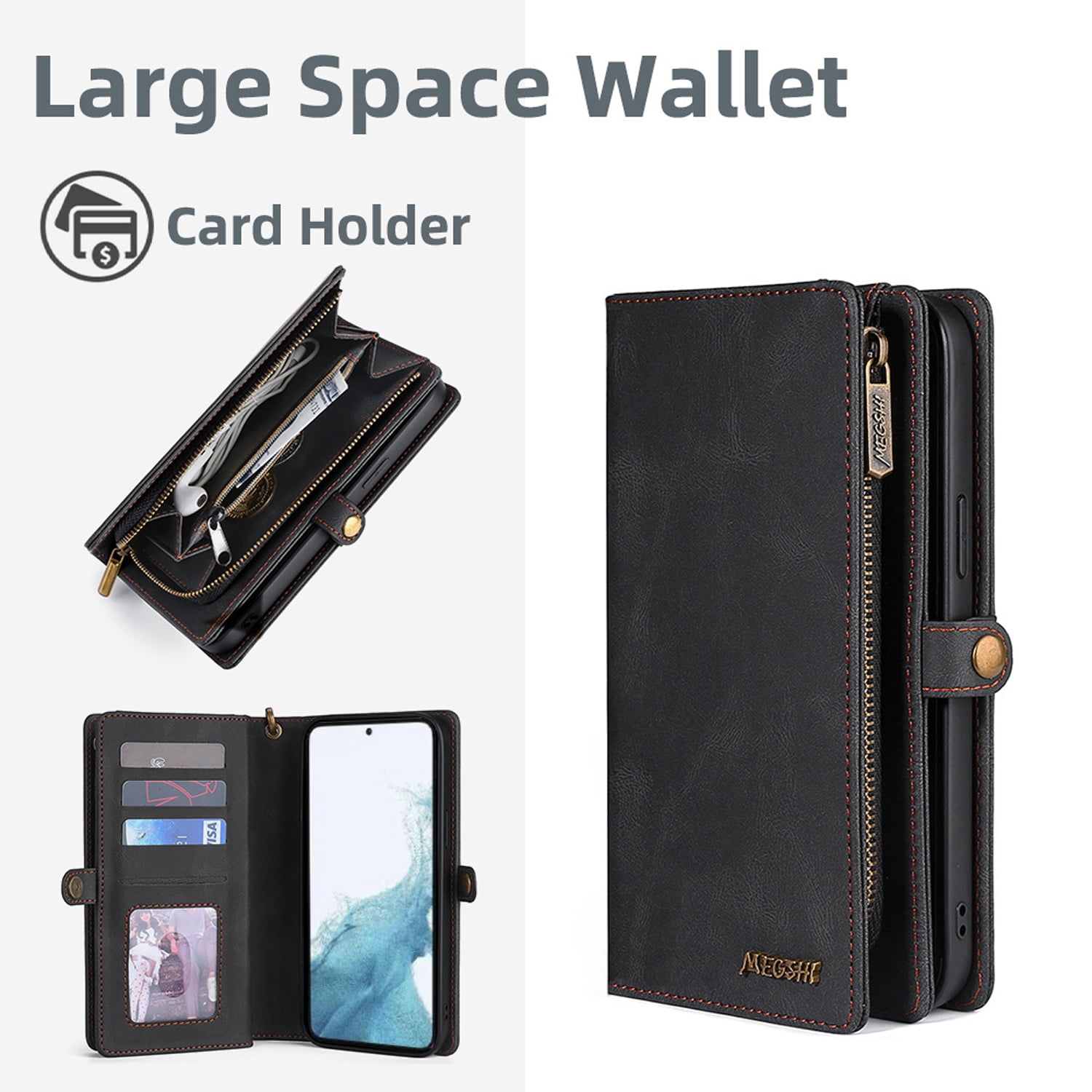 for Samsung Galaxy S25 Plus Case for Women Men, Removable Durable PU Leather Magnetic Flip Strap Wristlet Zipper Purse Card Holder Detachable Wallet Phone Cases for Samsung Galaxy S25 Plus, Black