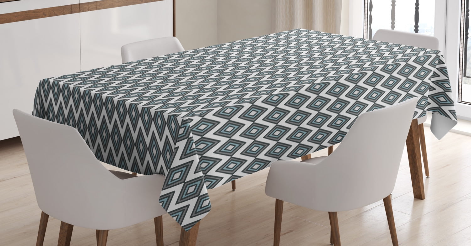 Grey Blue Tablecloth, Geometric Arrangement Bullseye Pattern Rhombuses