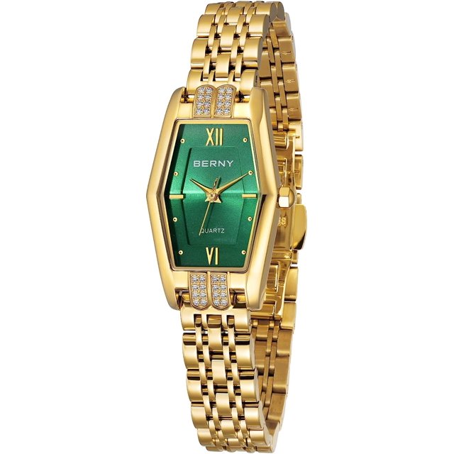 relojes de oro para mujer, relojes de pulsera de cuarzo hexagonales para mujer, correa de acero inoxidable, pequeño reloj analógico, pulsera de lujo, green-fbm Reloj dorado mujer caja hexagonal 22×39 mm, esfera verde sunburst con índices XII y VI y manecillas doradas; caja y extremos con detalles de diamantes, correa de eslabones de acero inoxidable ajustable 120–180 mm. Vista frontal en primer plano; a menudo usado como reloj de moda o regalo.