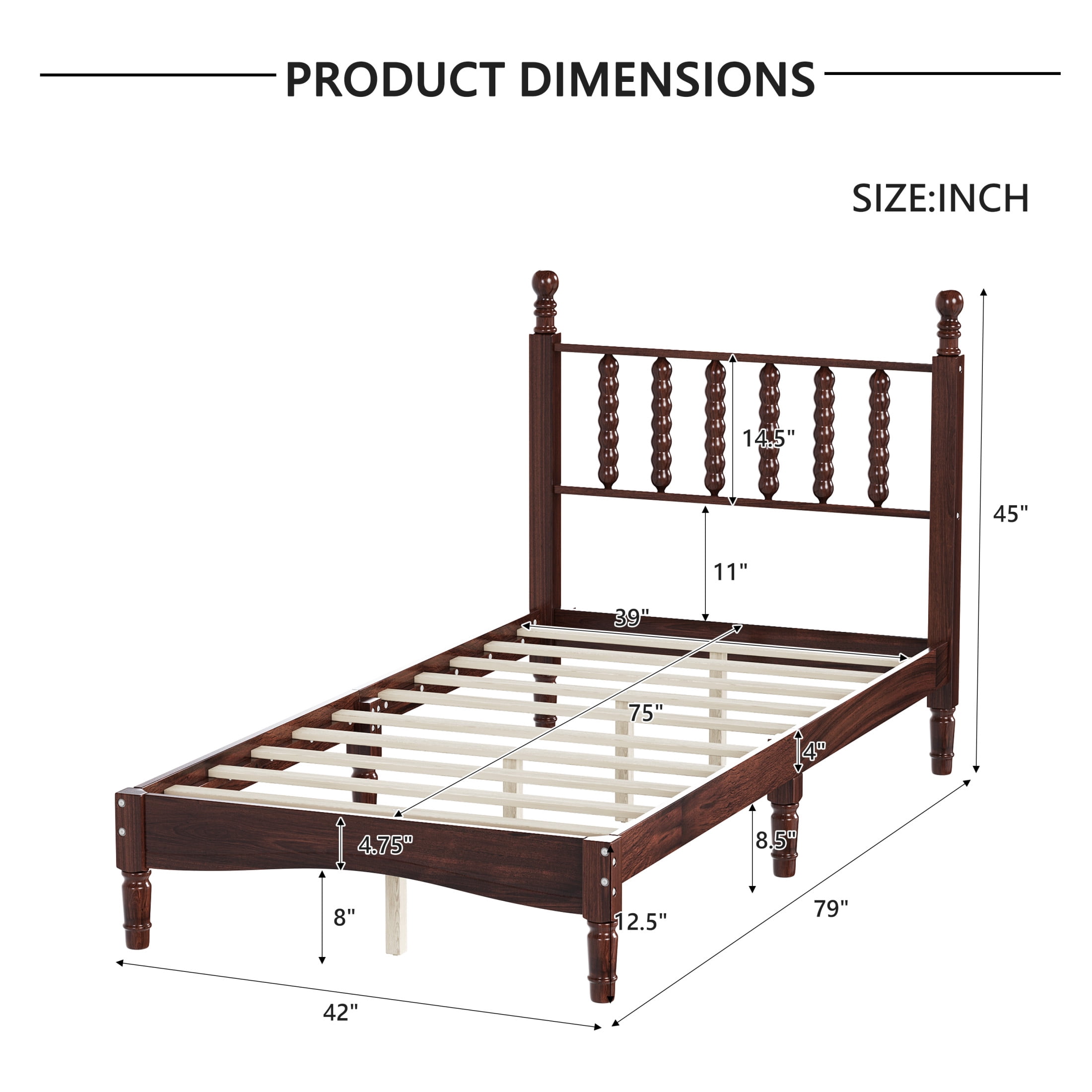 Noble House Twin Size Platform Bed with Gourd Shaped Headboard, Wooden Slat Support, Walnut