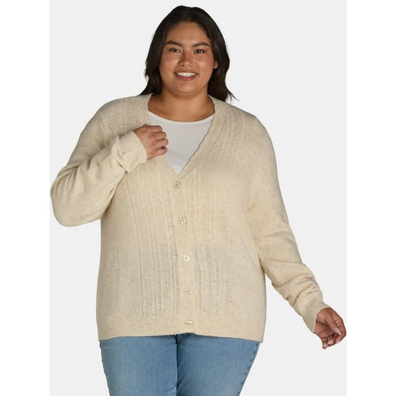 The Pioneer Woman V-Neck Pointelle Cardigan Sweater, Lightweight, Women’s Plus