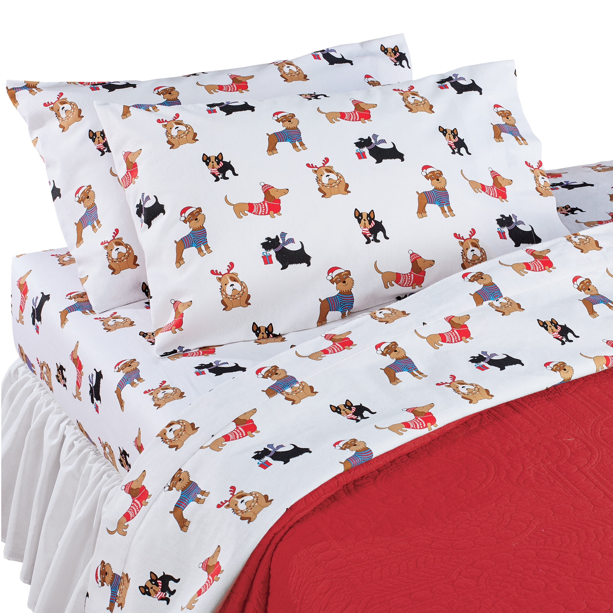Jingles & Joy Bedding 4 Piece Queen Size Bed Microfiber Sheet Set Extra Deep Pockets Gray Christmas Dogs in Red Sweater Vests on White Jingles & Joy Bedding 4 Piece Queen Size Bed Microfiber Sheet Set Extra Deep Pockets Gray Christmas Dogs in Red Sweater Vests on White