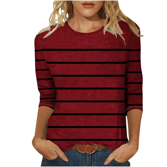 FAIWAD Chemises Rayées pour Femmes Hauts à Manches 3/4 Décontractés Col Rond Pull Tops Blouses Confortables d'Été