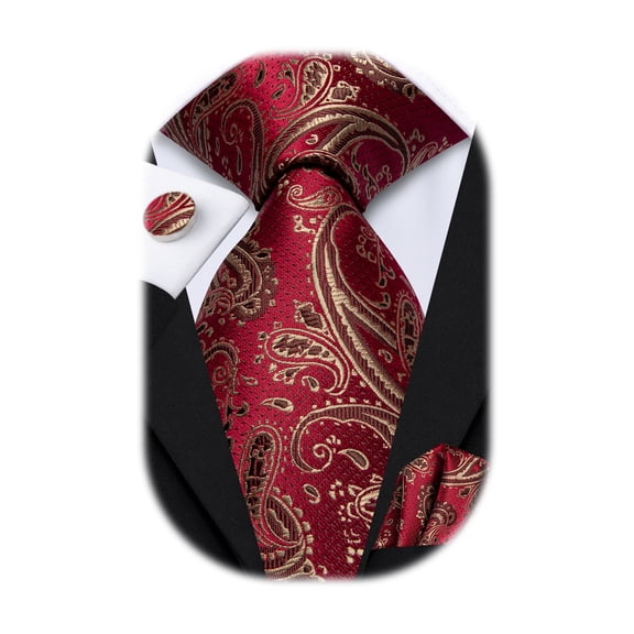 Hi-Tie Mens Black Red Tie and Pockets Square Sets Paisley Silk Necktie Cufflinks Sets for Formal Business