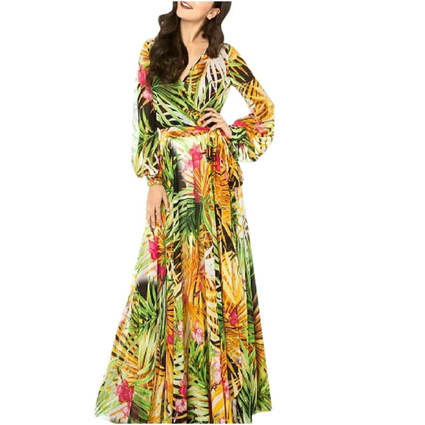 Vestido de Boho Floral Estampado Maxi Vestido Playa de Vestir Para Mujeres Con Cuello en V Vestido Casual de Verano Impresión Sin Espalda Vestsa Maxi Para Playa Odeerbi ODB112504
