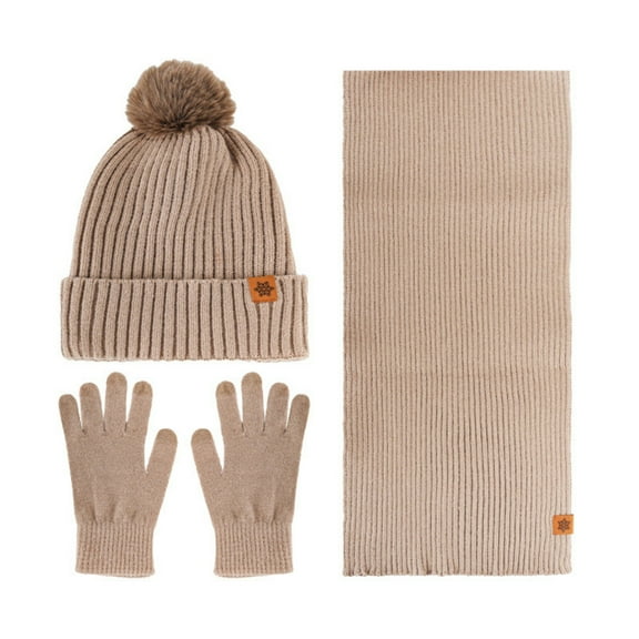 Womens Warm Hat Scarf Gloves Sets 3 PCS Fleece Lined Winter Beanies with Pom Pom Long Neck Scarfs Cold Weather Khaki