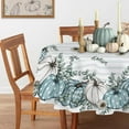 thumbnail image 4 of Thanksgiving Teal White Pumpkin Patch Round Tablecloth 60 x 60 Inch, Autumn Eucalyptus Leaves Decorative Table Cloth Dining Table Cover, Blue Plaid Fall Farmhouse Dinner Party Decoration, 4 of 6